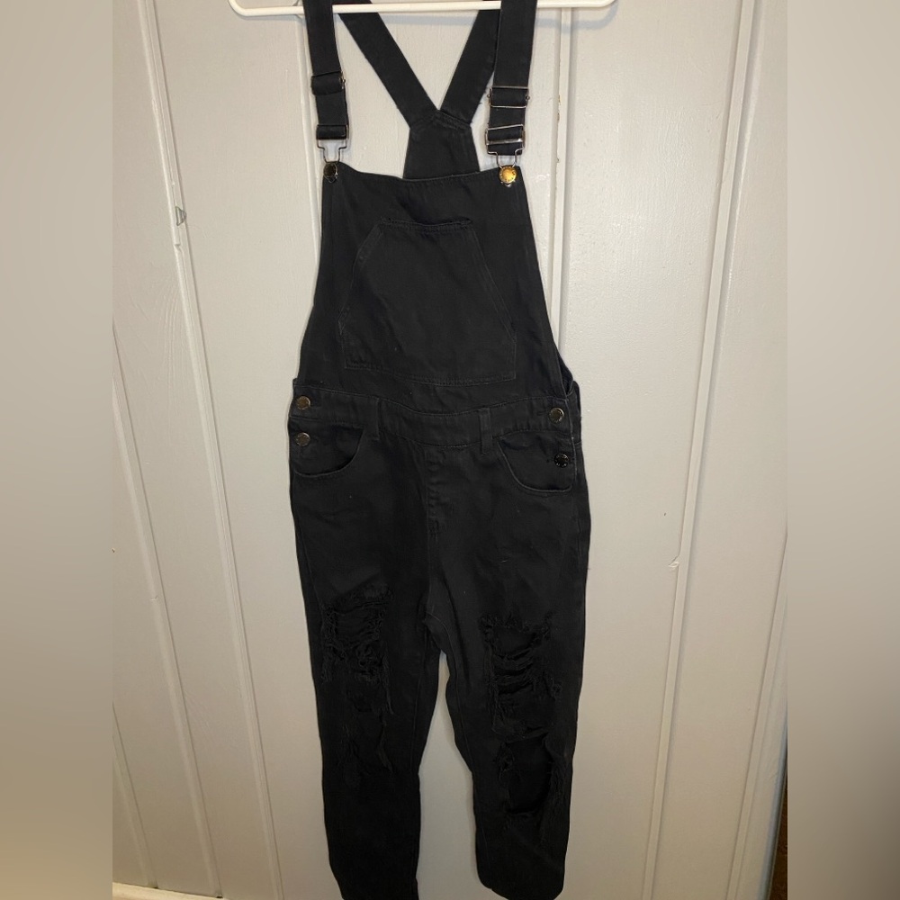 8th of LA distressed black denim overalls